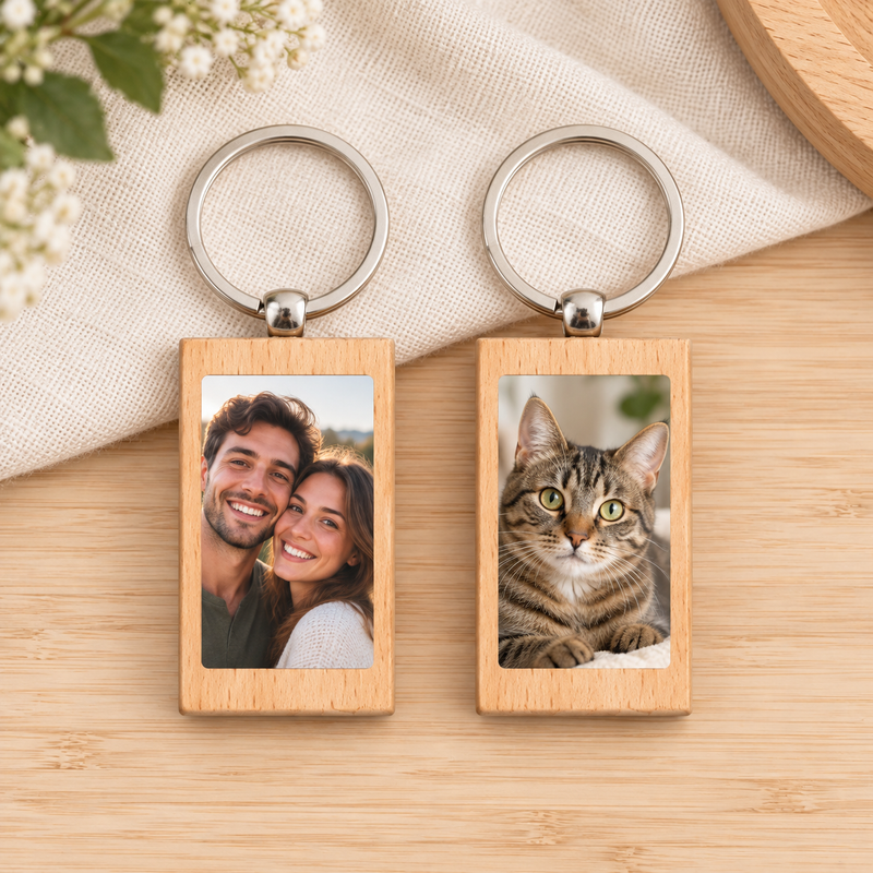 Custom Rectangle Wood Photo Keychain showing couple and pet photo examples.
