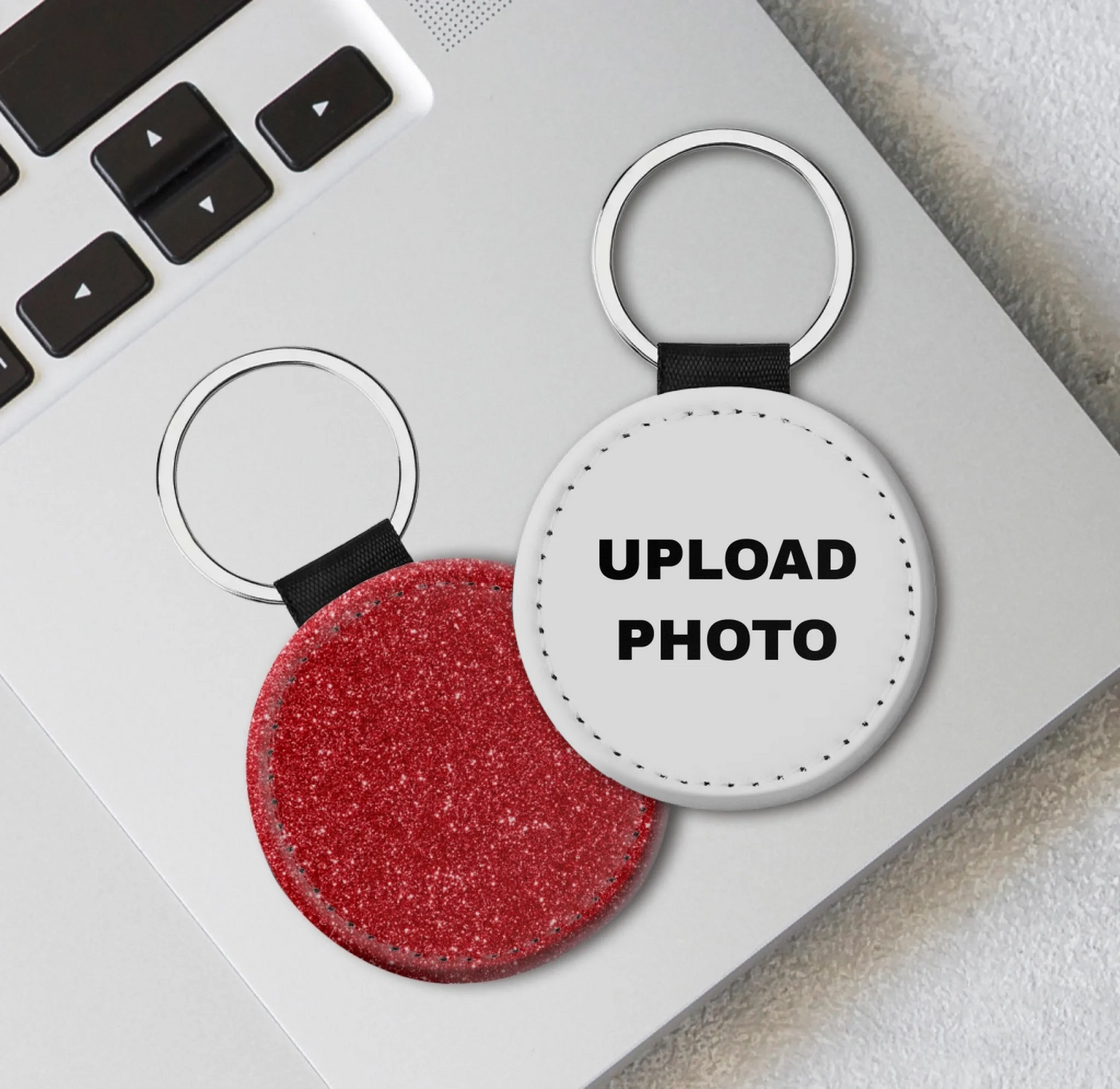 Red glitter circle leather keychain customized with photos, logos, names, and artwork for gifts and events.