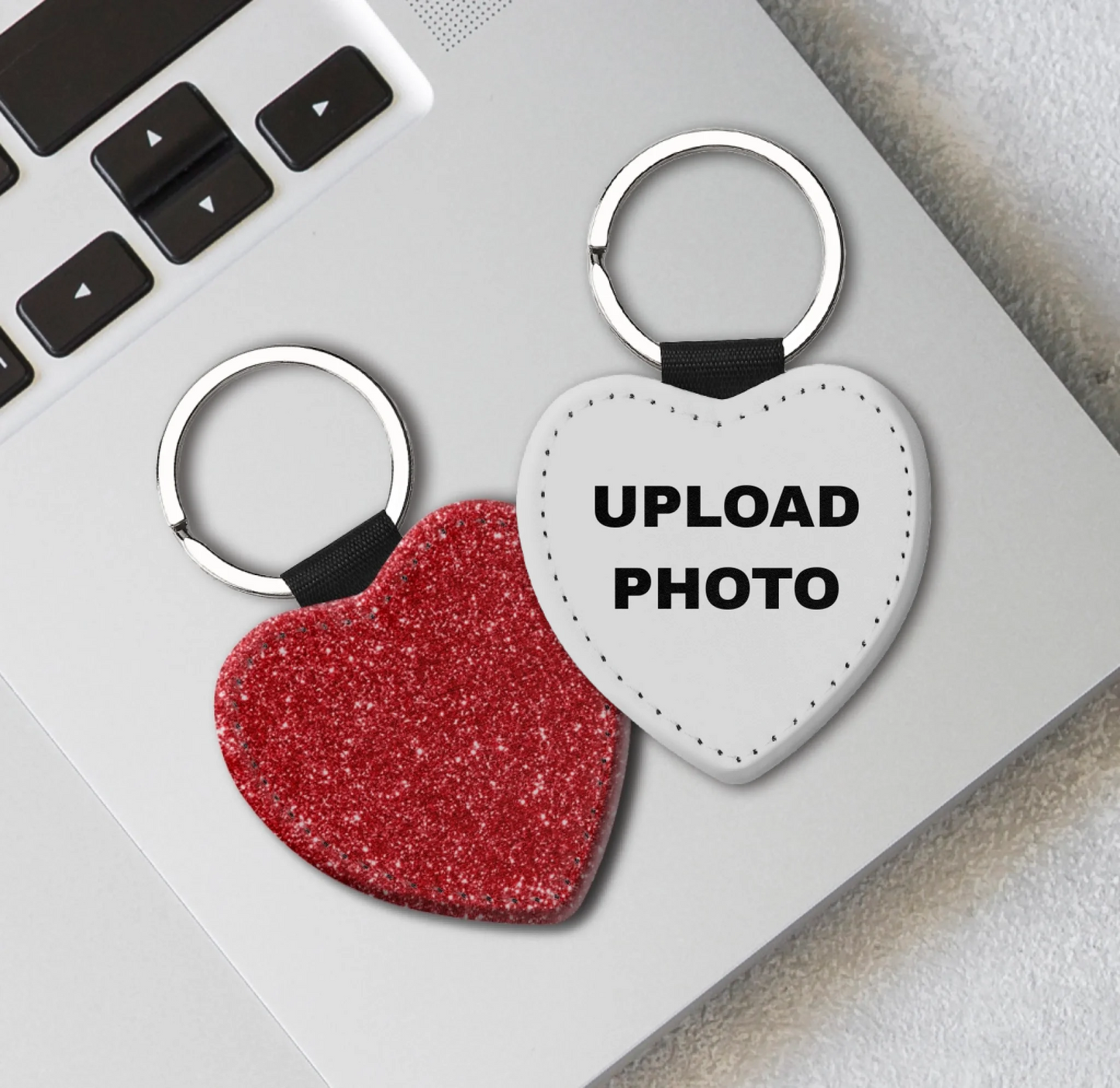 Red glitter heart PU leather keychain customized with full-color logos, photos, names, and artwork.