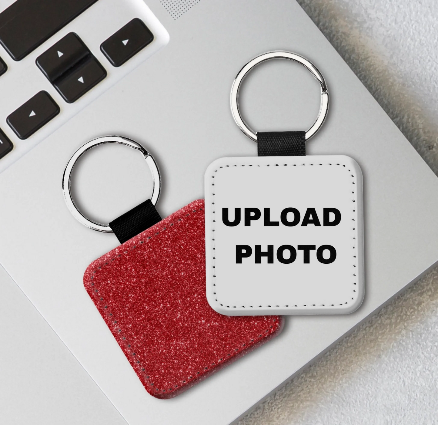 Red glitter square PU leather keychain customized with full-color logos, photos, names, and artwork.