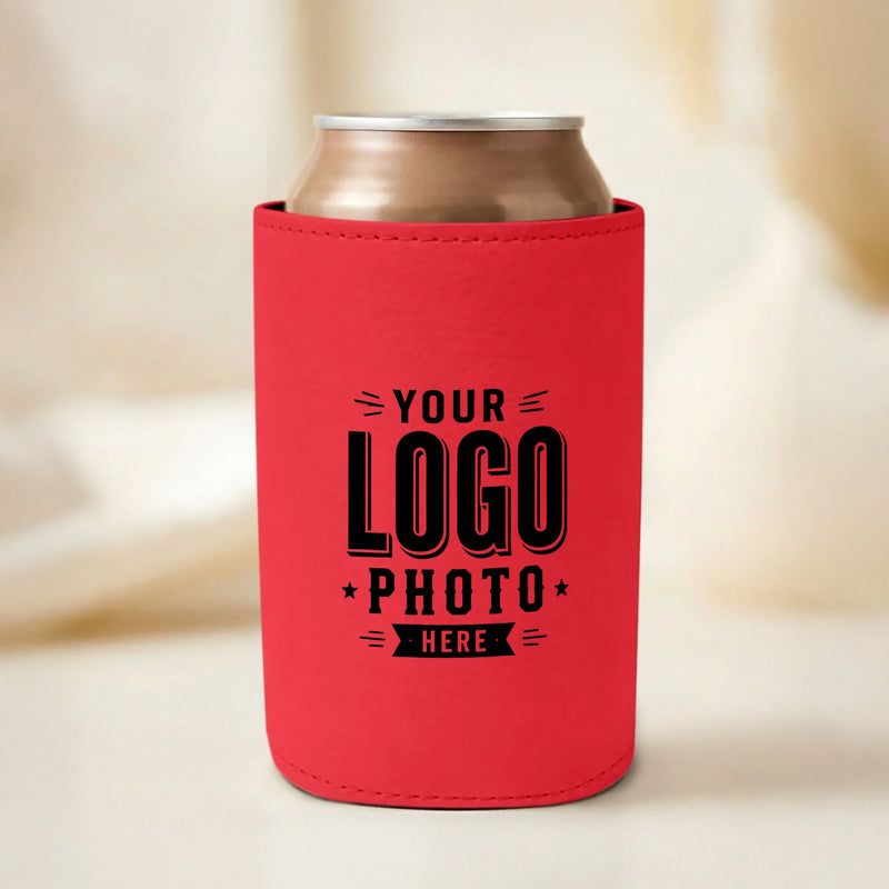 Custom red leatherette can cooler with UV printed logos, photos, names, and artwork for sports teams, businesses, events, fundraisers, and promotional marketing.