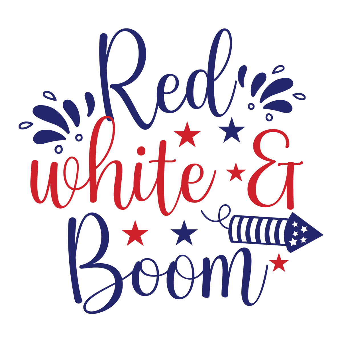 Red White and Boom patriotic lettering with a firework rocket and scattered stars.