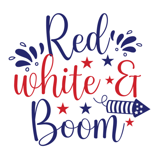 Red White and Boom patriotic lettering with a firework rocket and scattered stars.