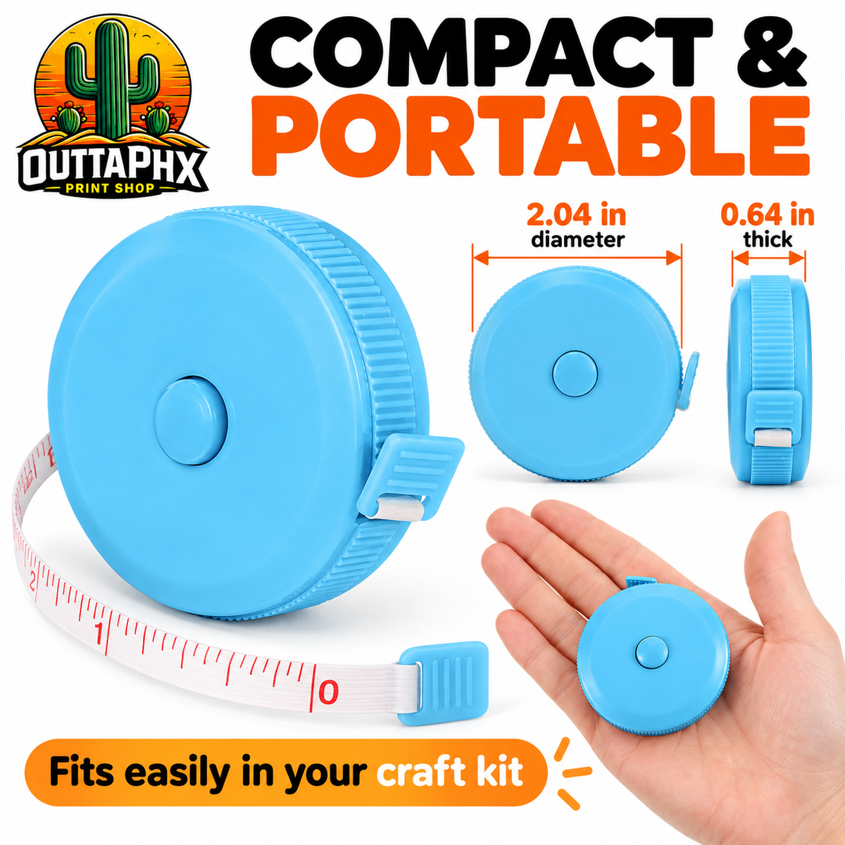 Retractable tape measure case showing 2.04-inch diameter and 0.64-inch thickness.