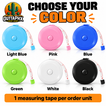 Retractable measuring tape color choices: light blue, pink, blue, green, white and black; sold individually.