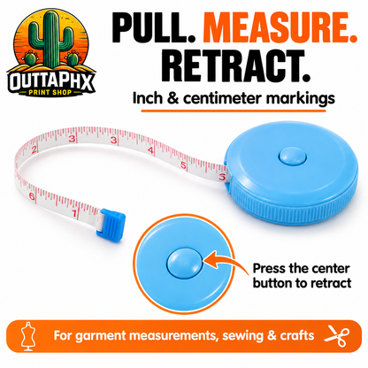 Retractable measuring tape with inch and centimeter markings and a center retraction button.