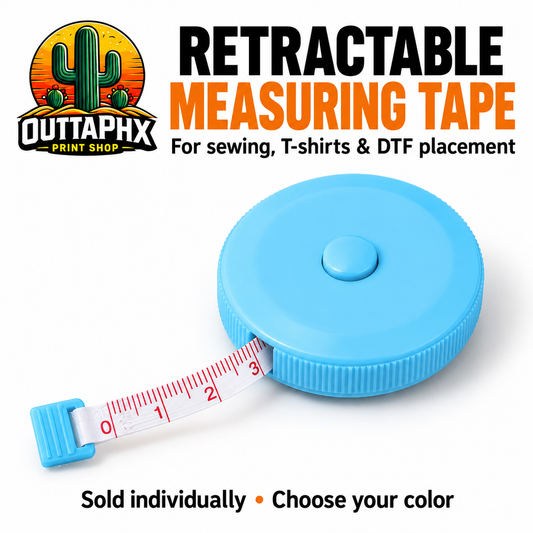 Light blue retractable measuring tape with a round case and extended white measuring ribbon.