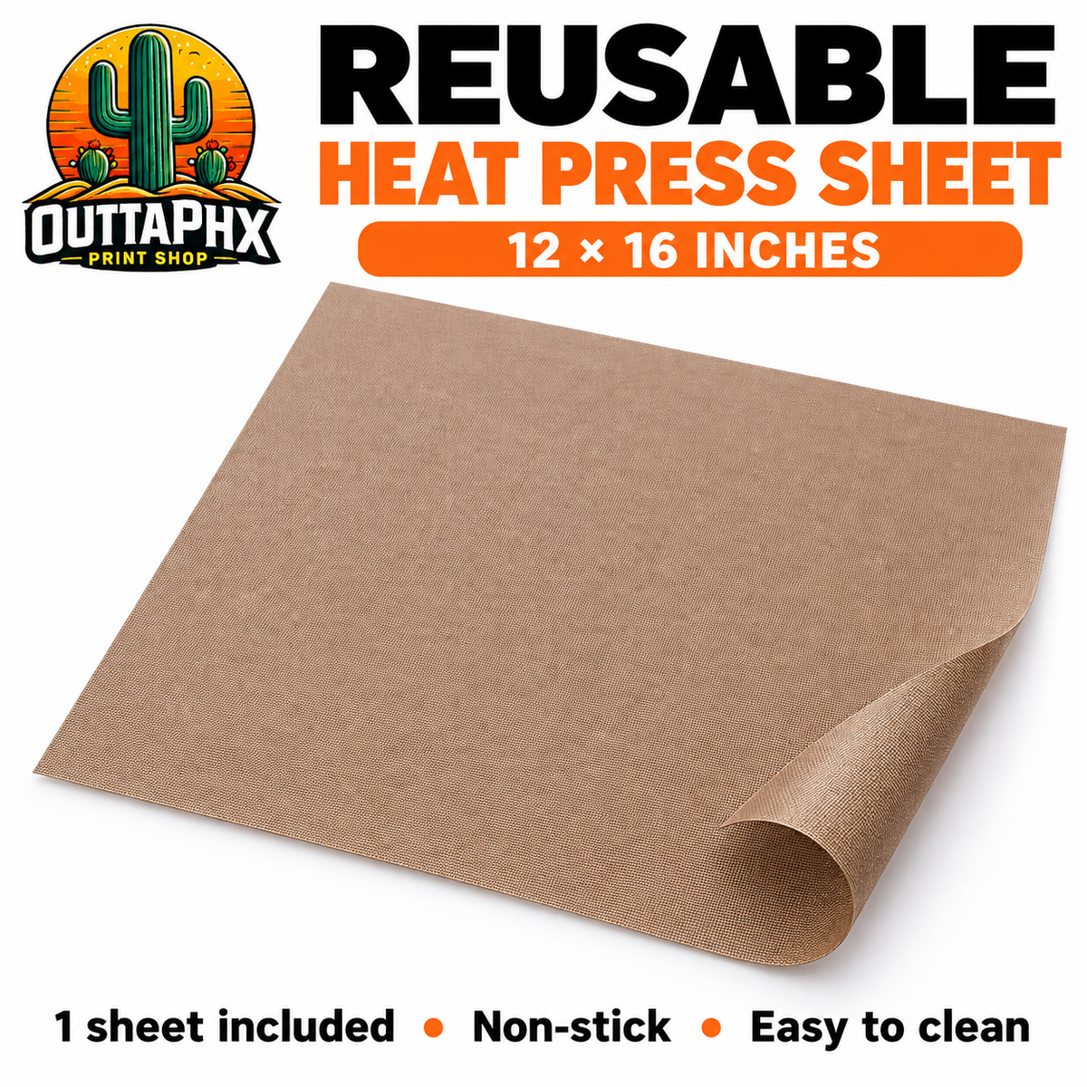 Single brown 12x16 inch reusable non-stick heat press cover sheet from Outta Phx Print Shop.