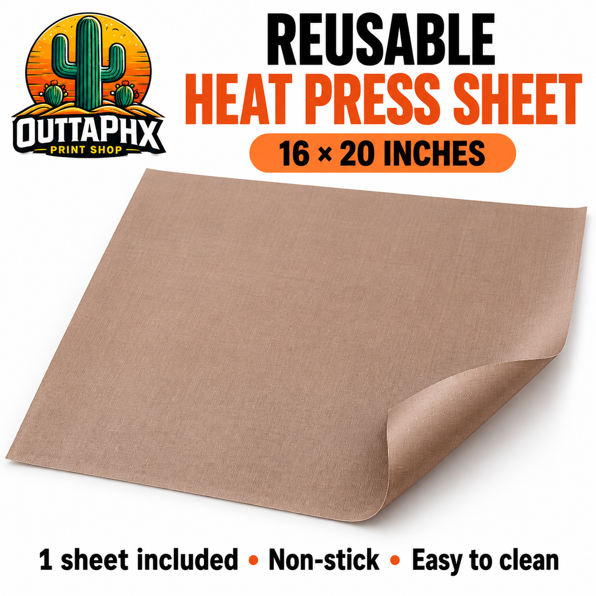 Single brown 16x20 inch reusable non-stick heat press cover sheet from Outta Phx Print Shop.