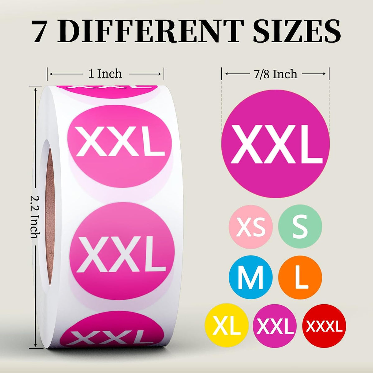 Seven colored clothing sizes with 7/8 inch round label dimensions