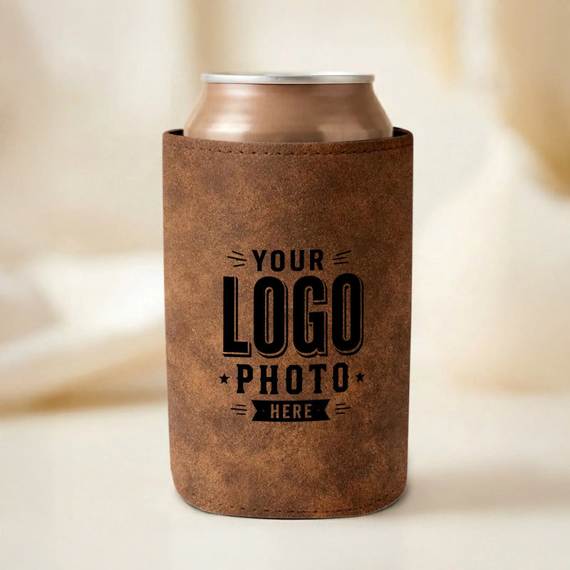 Custom rustic brown leatherette can cooler with UV printed logos, names, photos, and artwork for corporate gifts, weddings, breweries, events, and promotional marketing.