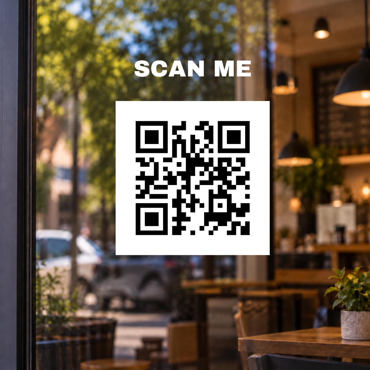 Black QR on opaque white vinyl panel with scan-me window lettering