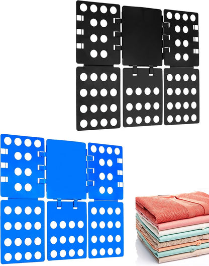 Black and blue folding boards alongside folded shirts