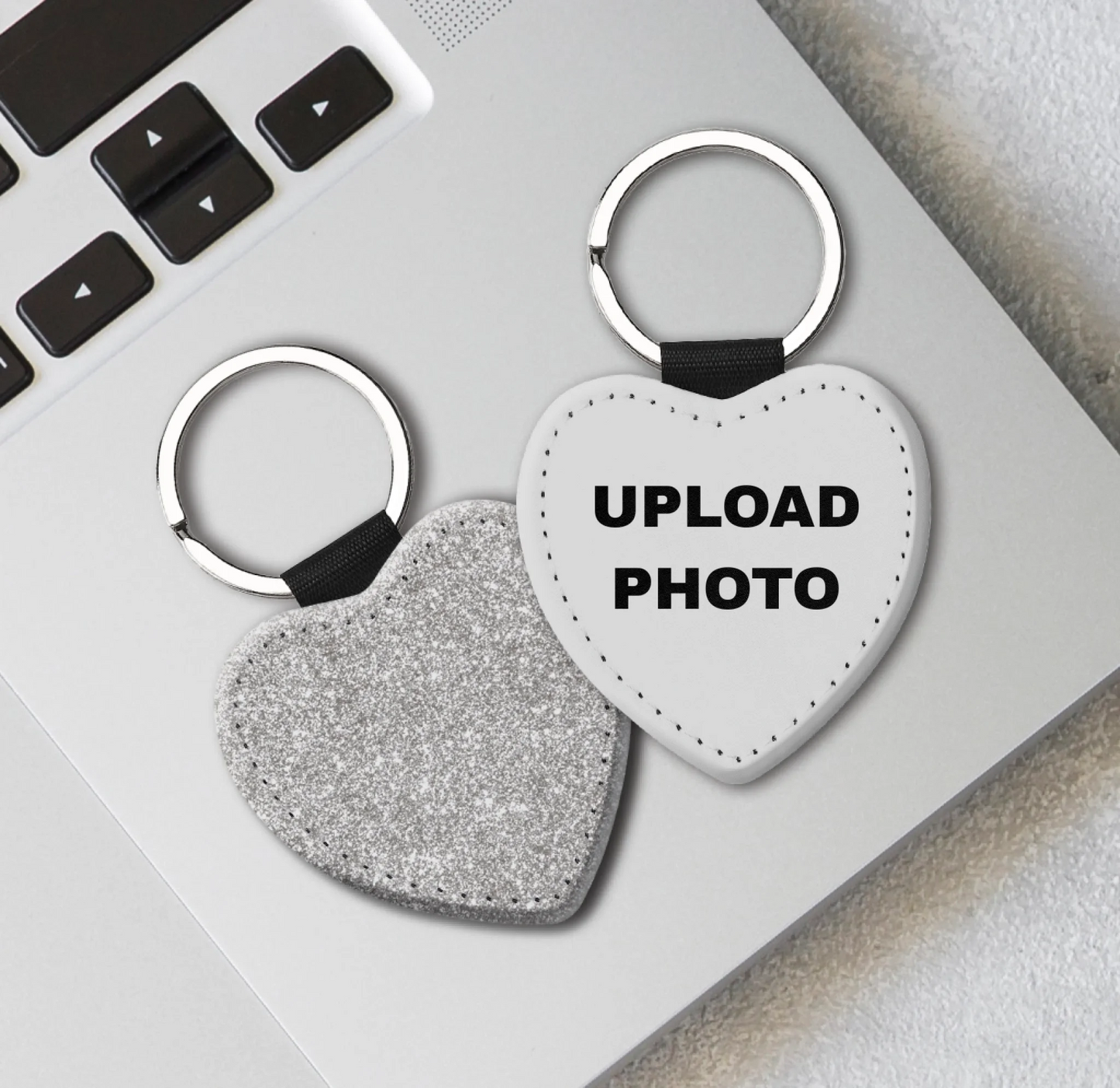 Silver glitter heart PU leather keychain personalized with logos, photos, names, and artwork.