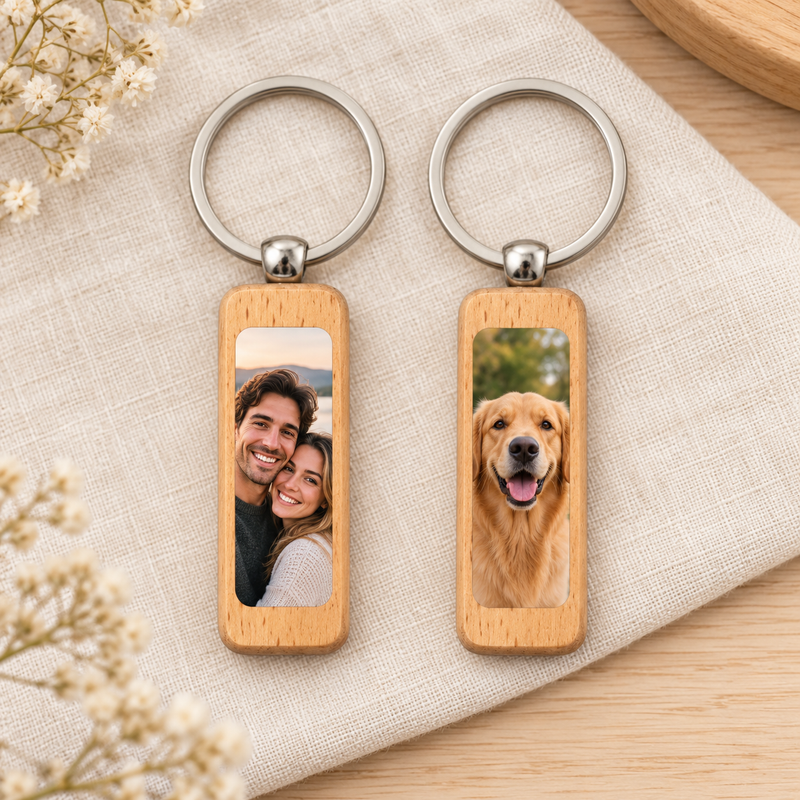 Custom Slim Rectangle Wood Photo Keychain showing couple and pet photo examples.