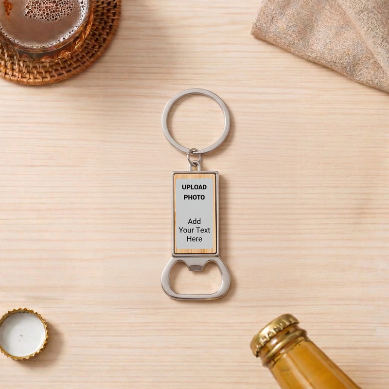 Custom engraved small rectangle bottle opener keychain with leatherette insert personalized with logos, names, monograms, and artwork for businesses, weddings, gifts, and promotional events.