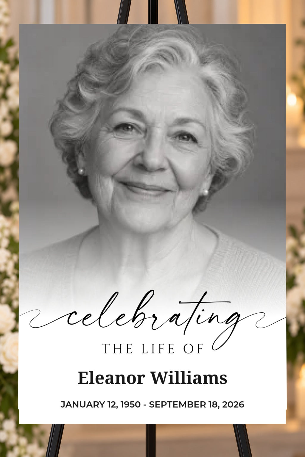 Celebrating a Life memorial foam board with sample photos, larger bold name and readable life dates, 24 by 36 inches