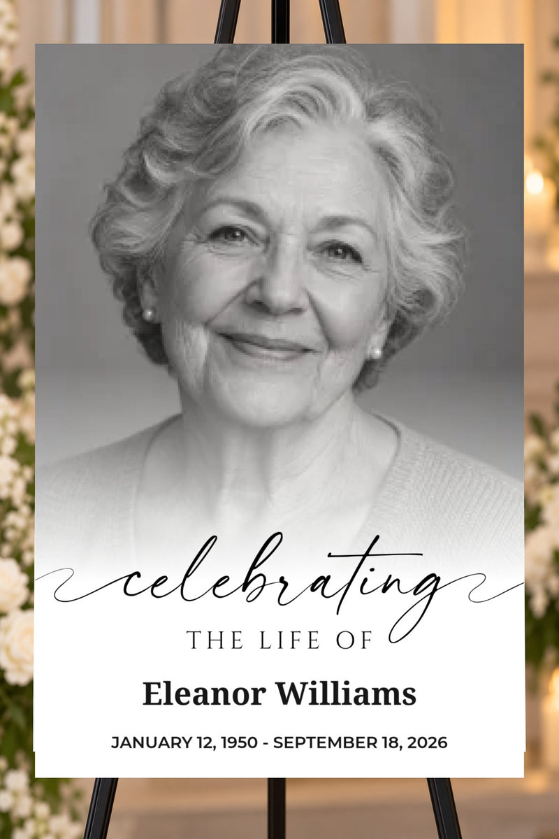 Celebrating a Life memorial foam board with sample photos, larger bold name and readable life dates, 24 by 36 inches