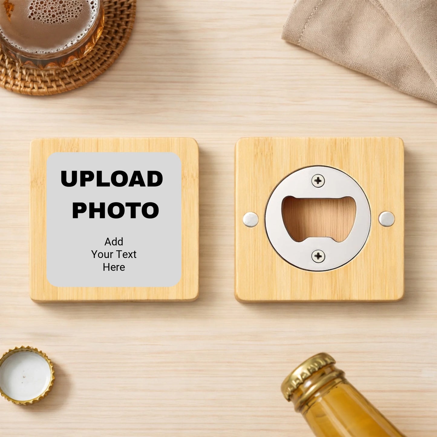 Custom square bamboo magnetic bottle opener with high-gloss photo printing, personalized at Outta Phx Print Shop in Phoenix AZ.