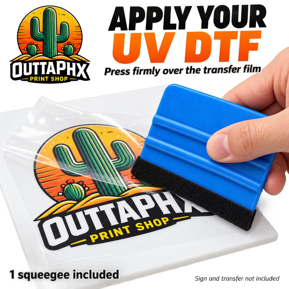 Blue felt-edge squeegee pressing UV DTF transfer film onto an acrylic sign