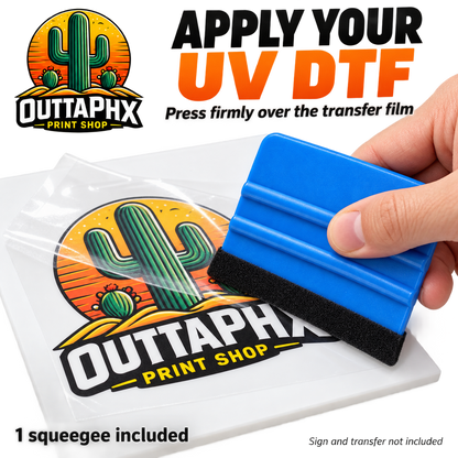 Blue felt-edge squeegee pressing UV DTF transfer film onto an acrylic sign
