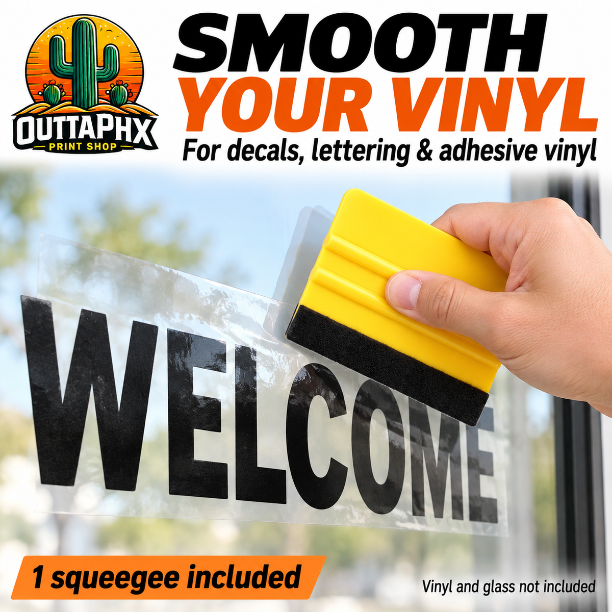 Yellow felt-edge squeegee smoothing vinyl lettering transfer tape onto glass
