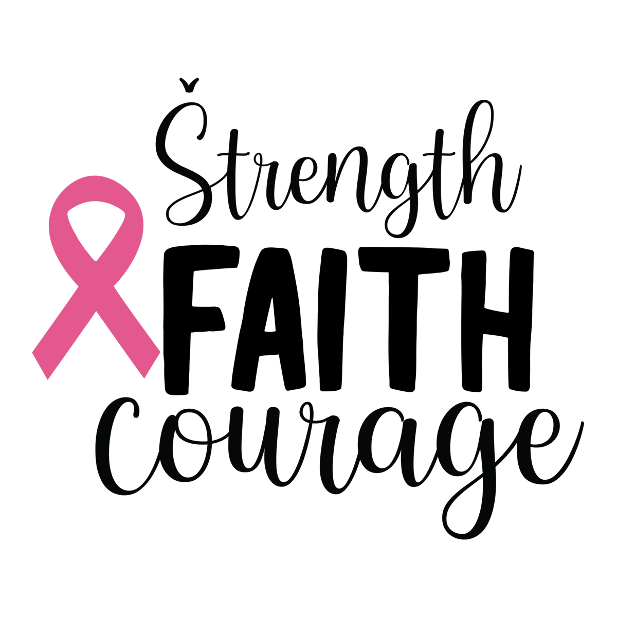 Strength Faith Courage lettering in black script and bold type beside a pink awareness ribbon.