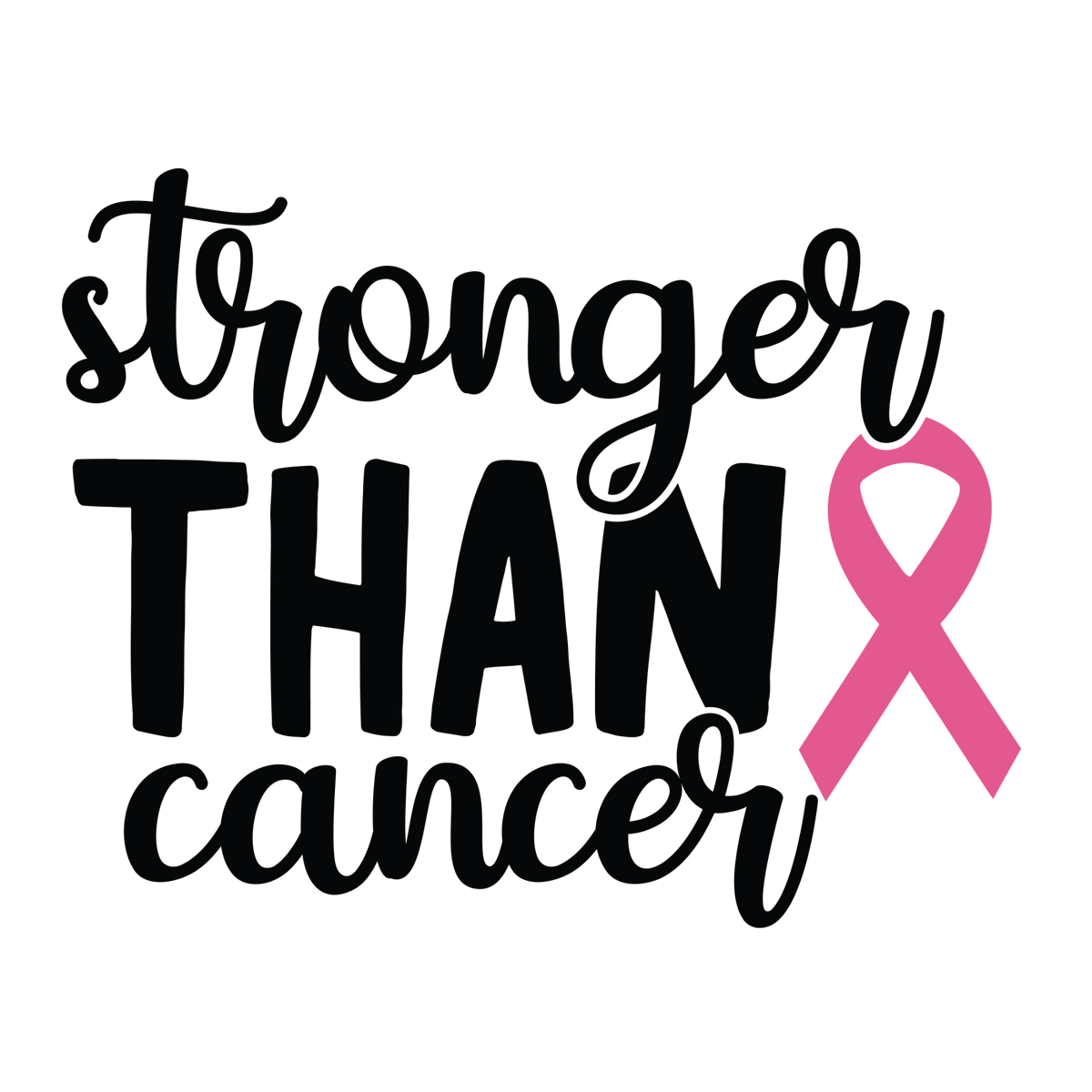 Stronger Than Cancer black lettering with a large pink awareness ribbon on the right.