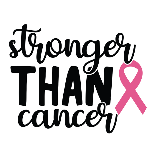 Stronger Than Cancer black lettering with a large pink awareness ribbon on the right.