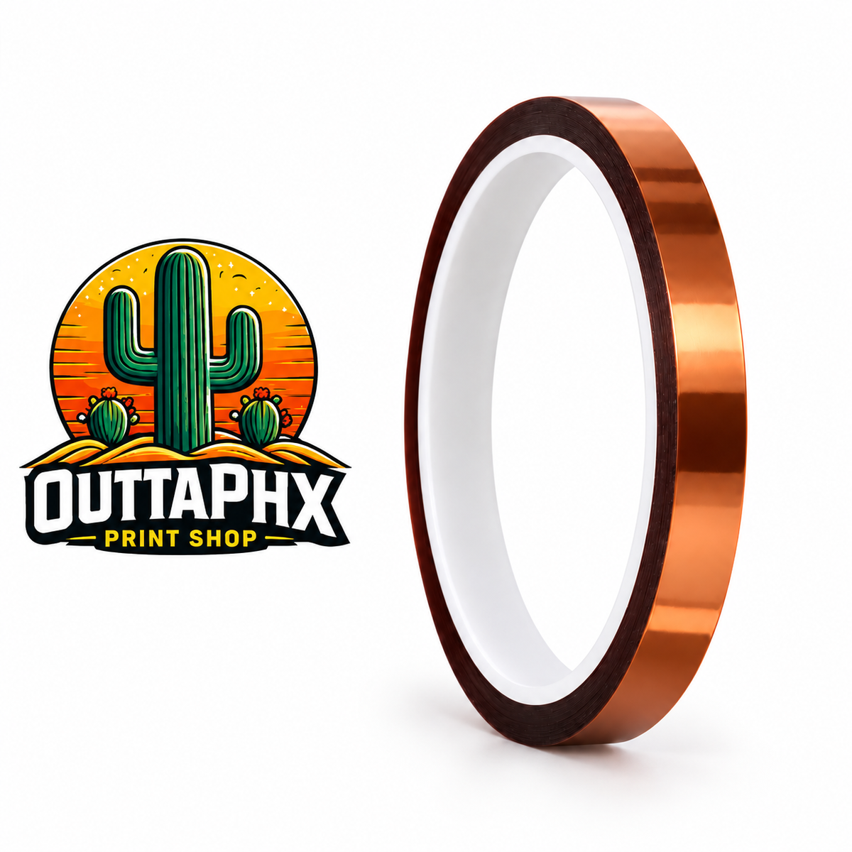 Single copper-brown heat-resistant tape roll with Outta Phx Print Shop logo.