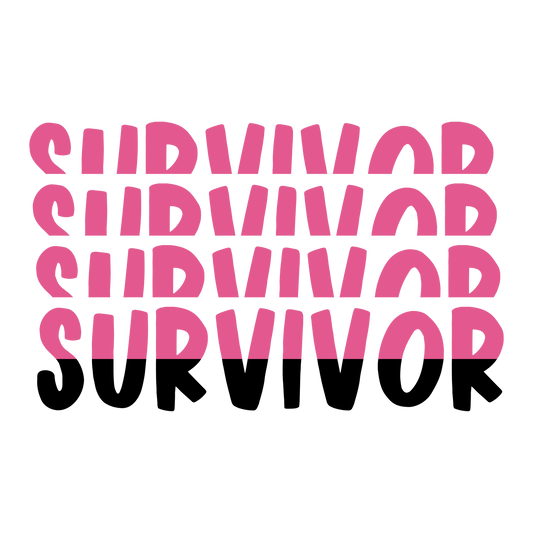 Repeated bold SURVIVOR lettering stacked in pink with a black line at the bottom.