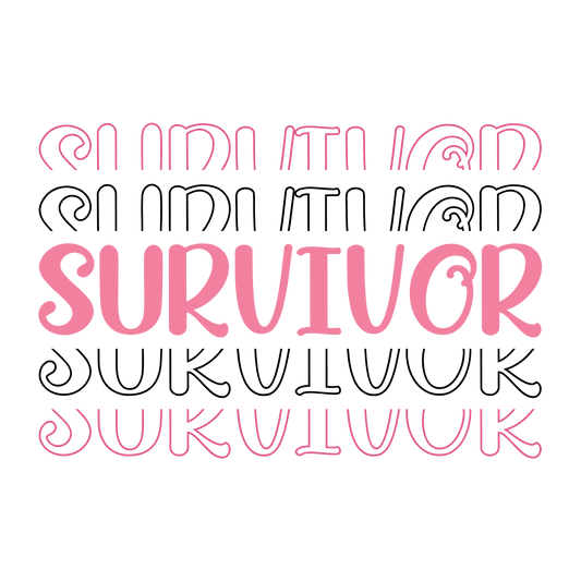 Five stacked SURVIVOR words in pink and black outlines with solid pink lettering in the center.