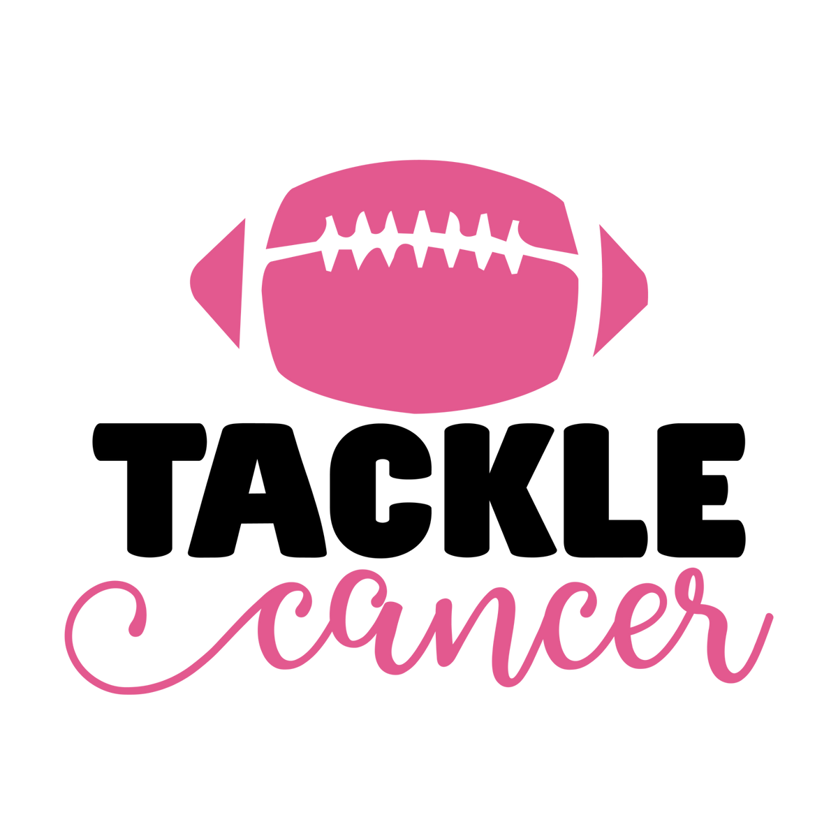 Pink football above black TACKLE lettering and pink cancer script.