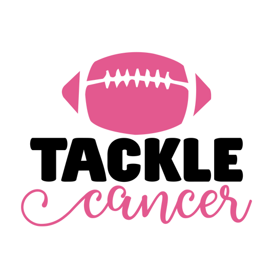 Pink football above black TACKLE lettering and pink cancer script.