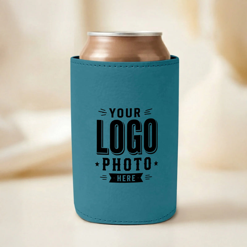 Custom teal leatherette can cooler with UV printed logo, photo, artwork, and personalized text for corporate gifts, weddings, events, and promotional marketing.