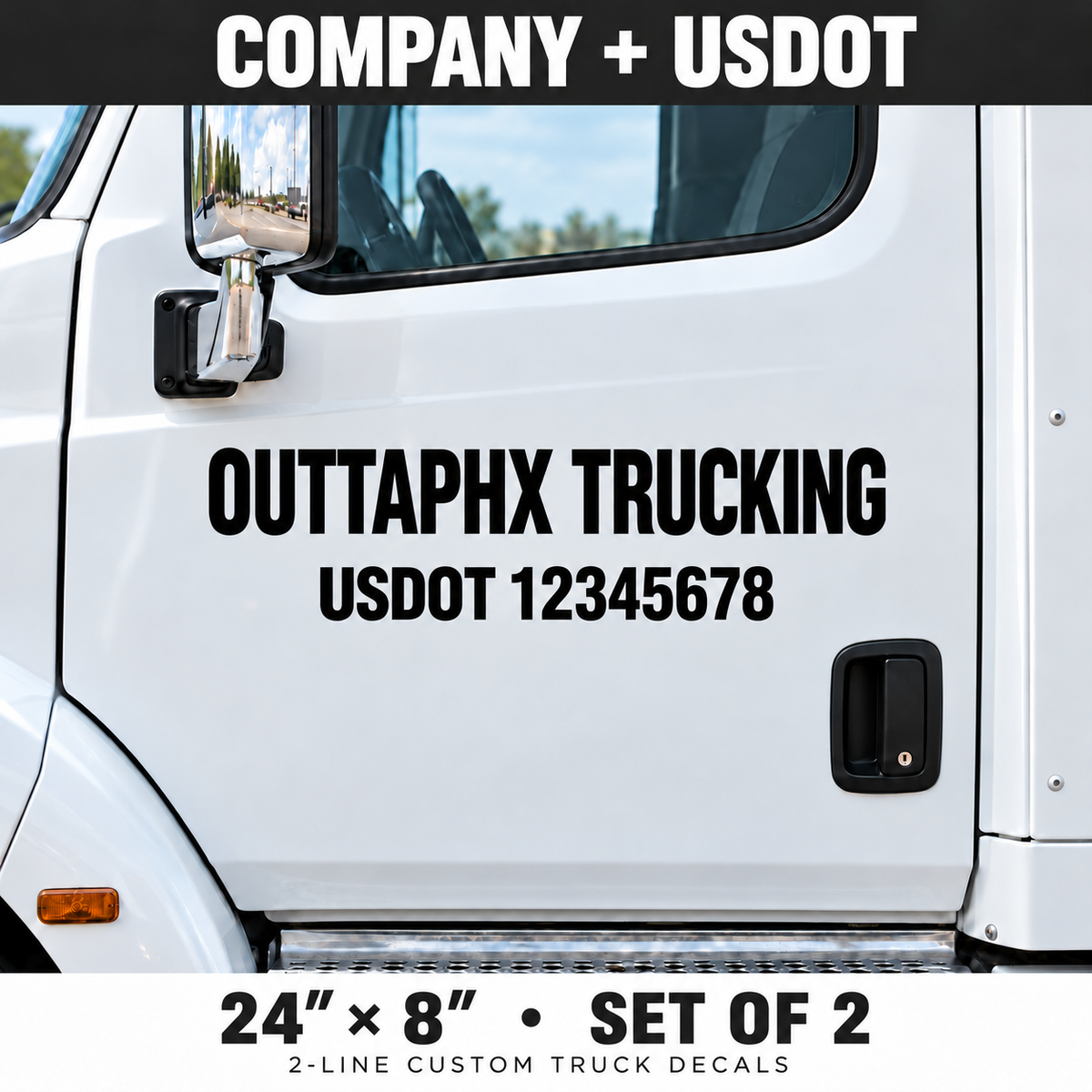 Two-line company name and USDOT truck decals, 24 x 8 inches, set of two