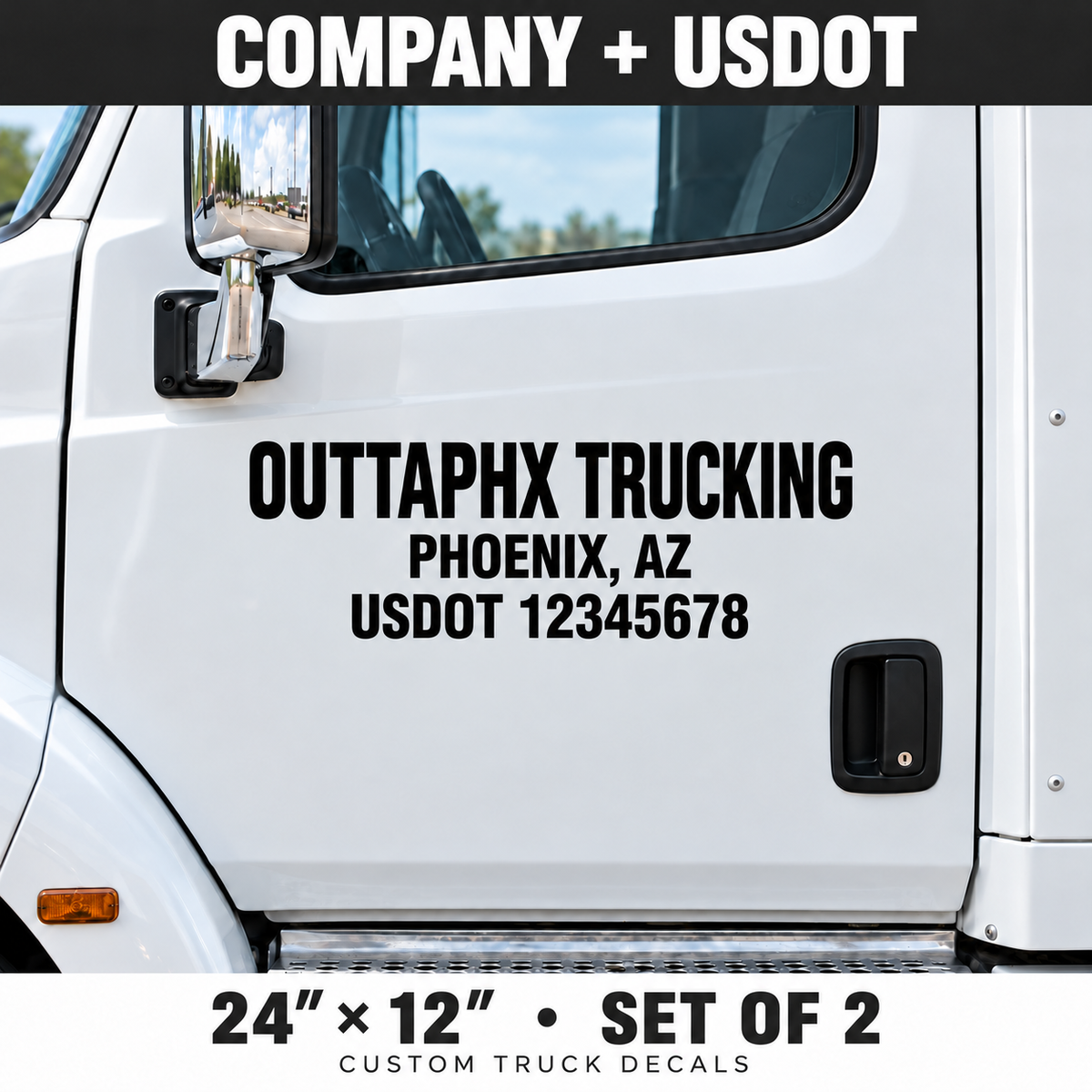 Company + USDOT black truck door decals, 24 x 12 inches, set of 2, sample numbers