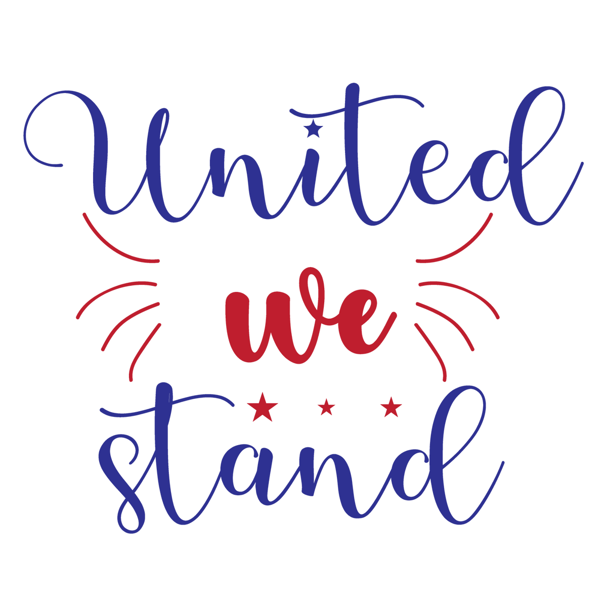 United We Stand navy and red script lettering with stars and accent lines.