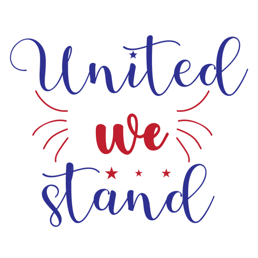 United We Stand navy and red script lettering with stars and accent lines.