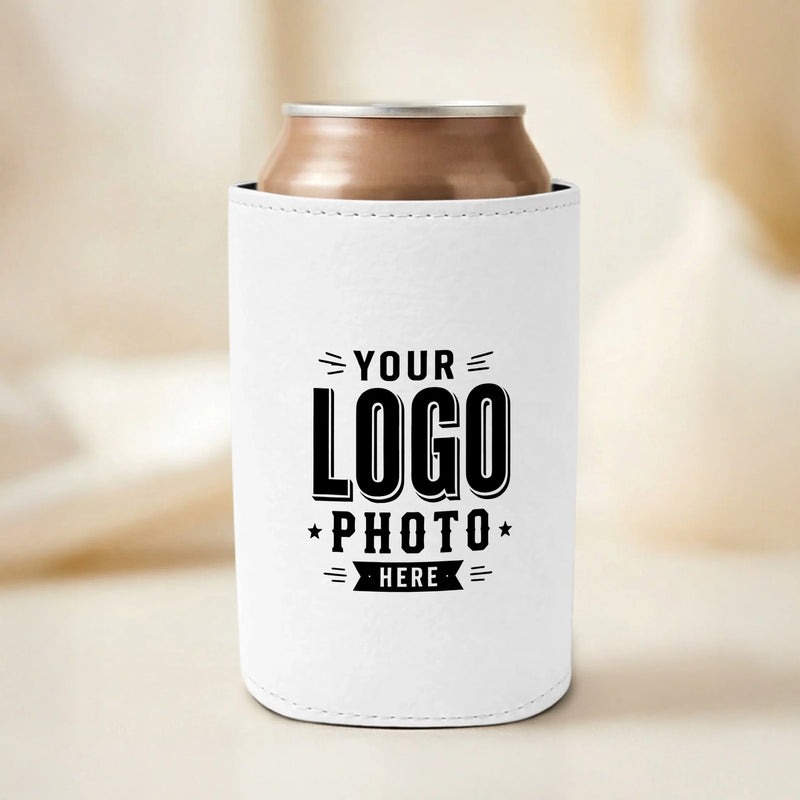 Custom white leatherette can cooler with UV printed logos, photos, names, and artwork for businesses, weddings, events, gifts, and promotional marketing.