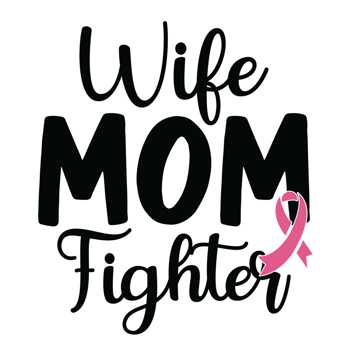 Wife MOM Fighter in black script and block lettering with a pink ribbon beside Fighter.