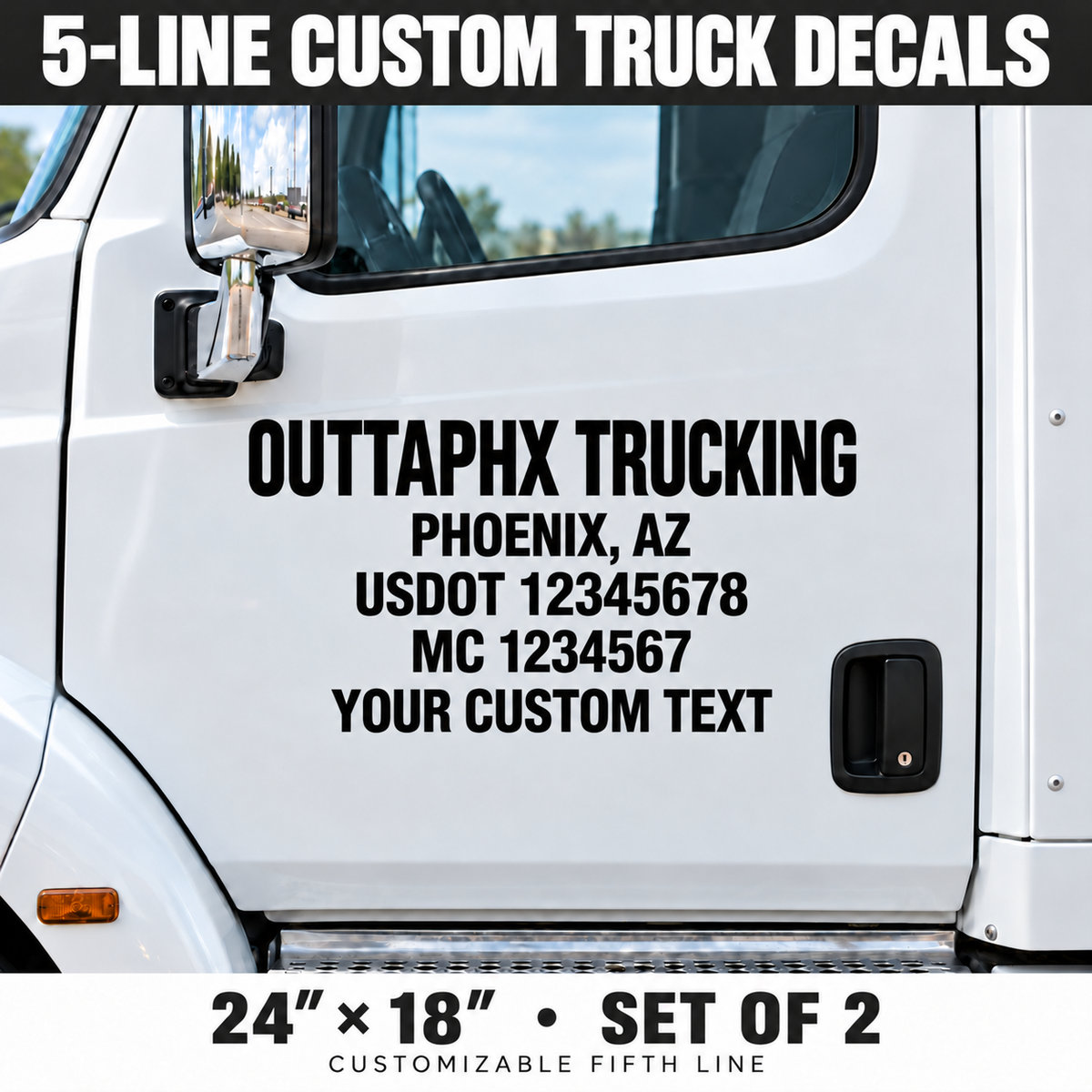 Custom X-Large 5-Line Company Name + USDOT + MC Truck Decals - 24 x 18 in - Set of 2