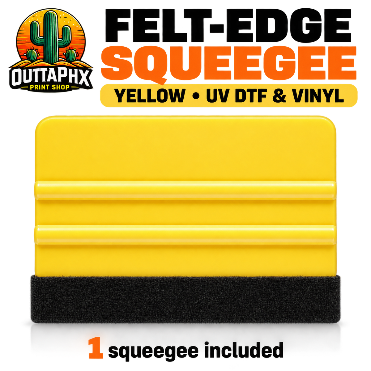 Yellow plastic squeegee with black felt edge and raised grip ribs
